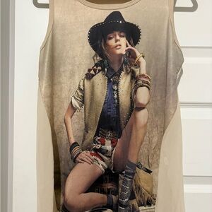 Sheer Back Graphic Tank Top with Embellishments